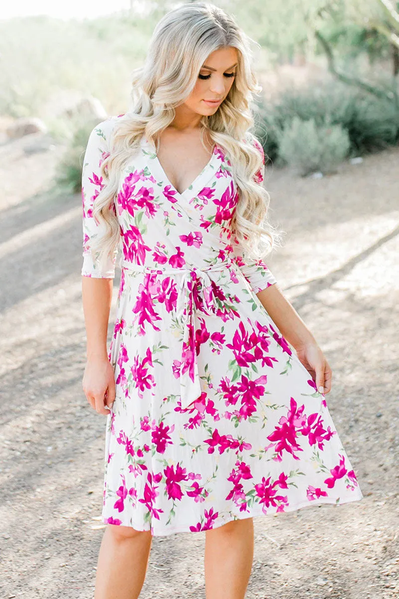 Fuchsia Blossom Print White Wrap Floral Dress