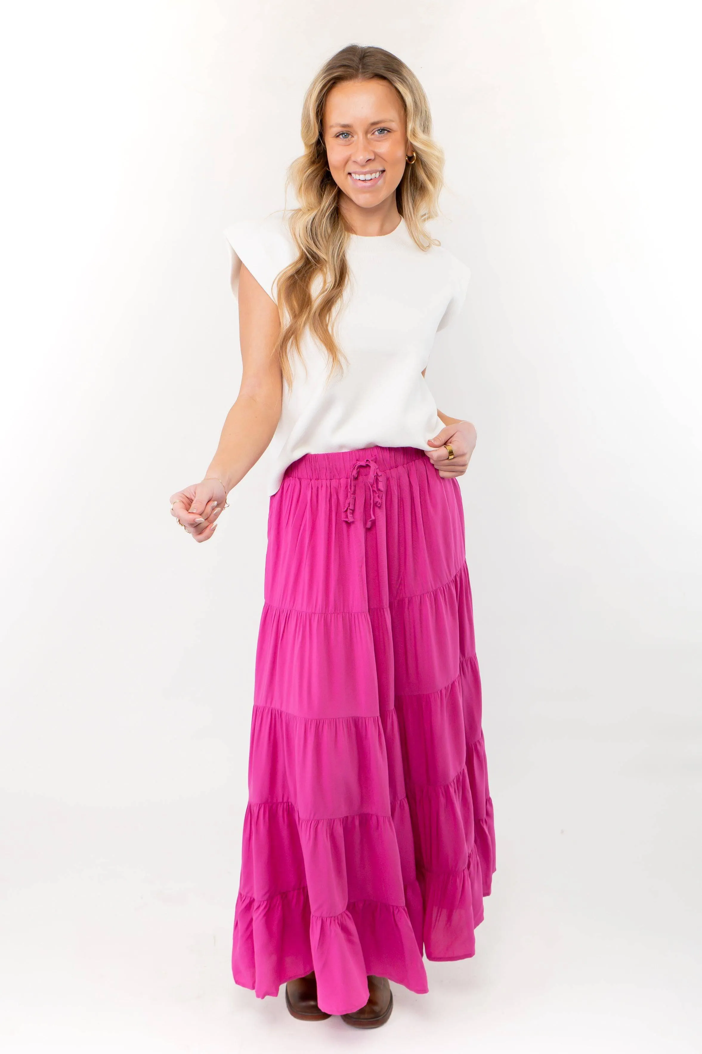 Fuchsia Pink Tiered Maxi Skirt