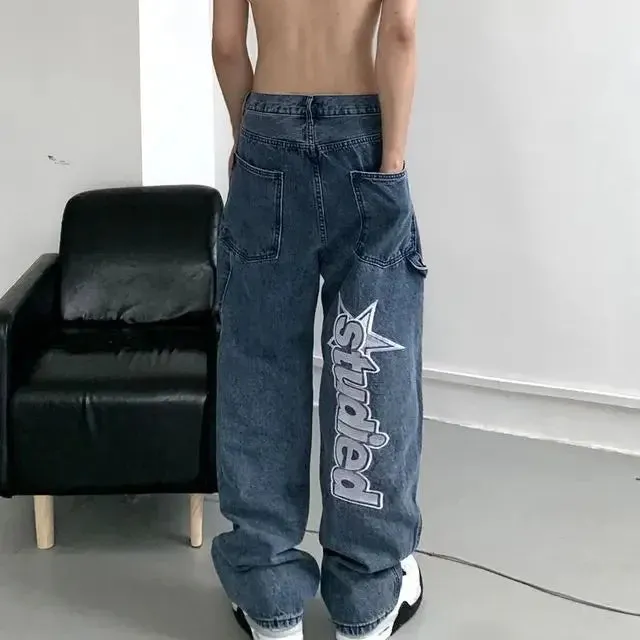 Girlary Trend Y2k Jeans New Hip Hop Letter Printed Black Pants Men Women Fashion Punk Loose Straight Wide Leg Trousers Streetwear