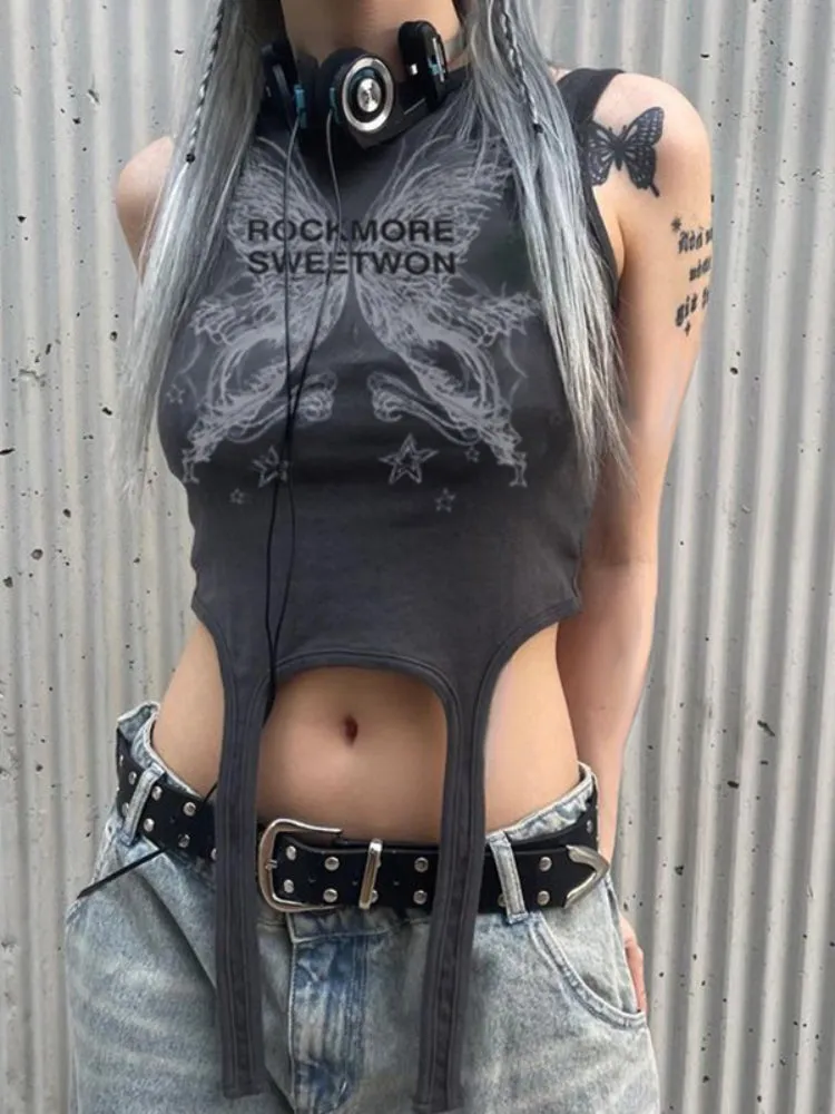 Gothic Grey Butterfly Printed Knit Top