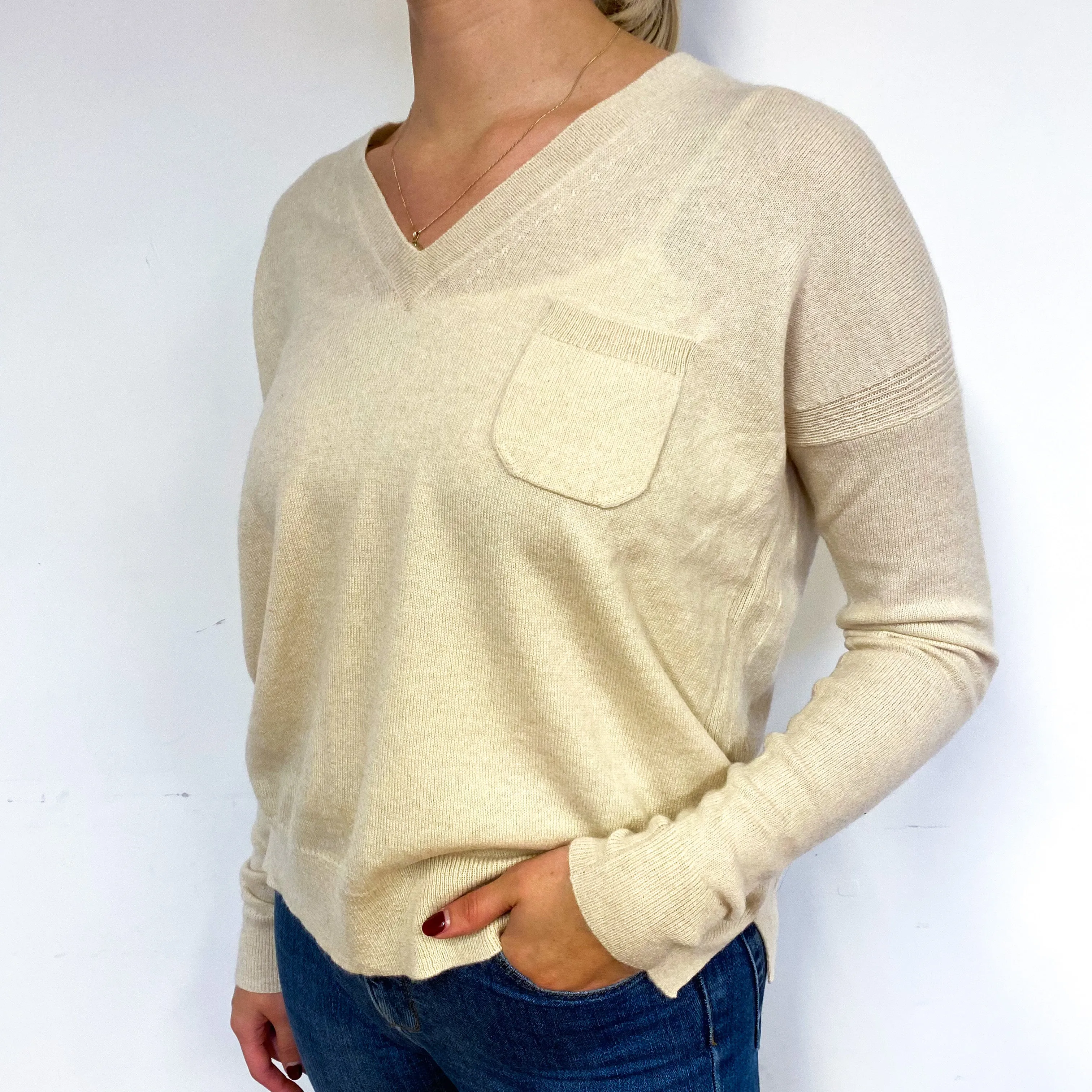 Honey Beige Cashmere V-Neck Jumper Small
