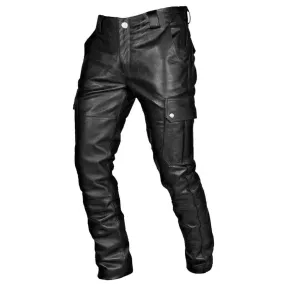 Ilooove Men's Pocket Punk Pants Retro Gothic Faux PU Slim Fit Casual Youth Long Leather Trousers Plus Size