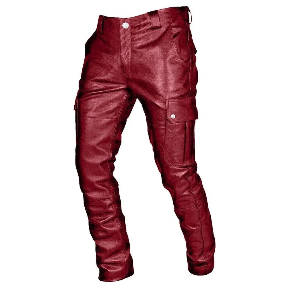 Ilooove Men's Pocket Punk Pants Retro Gothic Faux PU Slim Fit Casual Youth Long Leather Trousers Plus Size