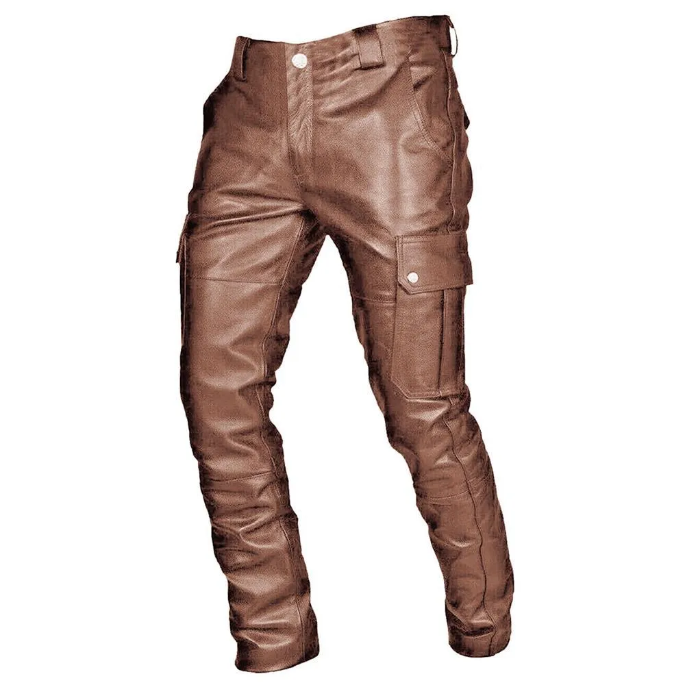 Ilooove Men's Pocket Punk Pants Retro Gothic Faux PU Slim Fit Casual Youth Long Leather Trousers Plus Size