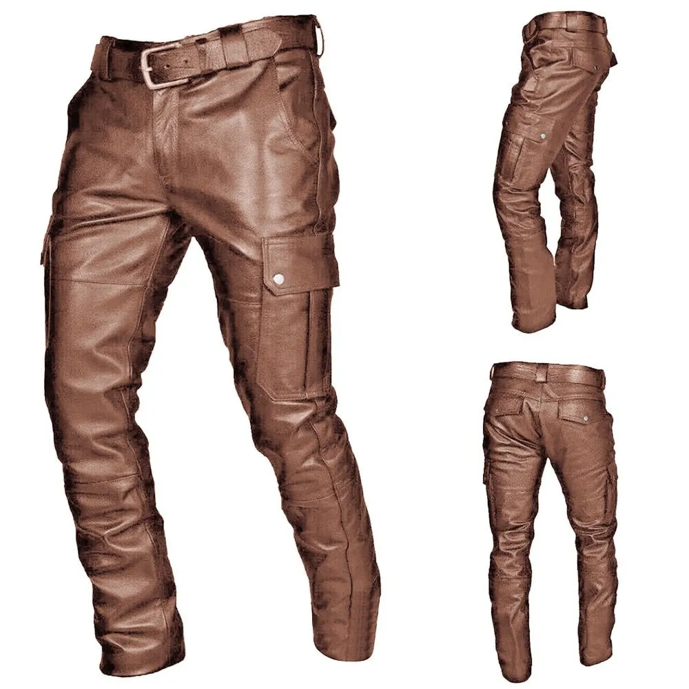 Ilooove Men's Pocket Punk Pants Retro Gothic Faux PU Slim Fit Casual Youth Long Leather Trousers Plus Size