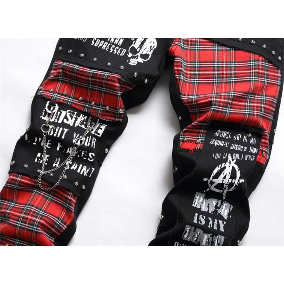 Ilooove Rivet Punk Denim Jeans Pants Skull Patchwork Streetwear Hip Hop Denim Pants Men Harajuku Plaid Fashion Slim Black Jeans Trousers