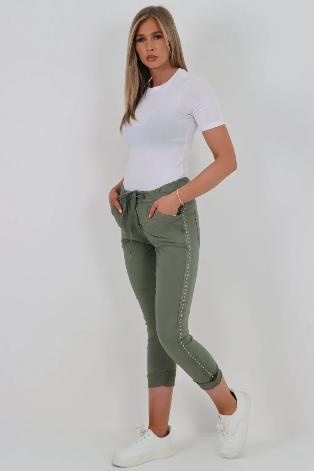 Italian Side Diamante Stud Detail Trousers