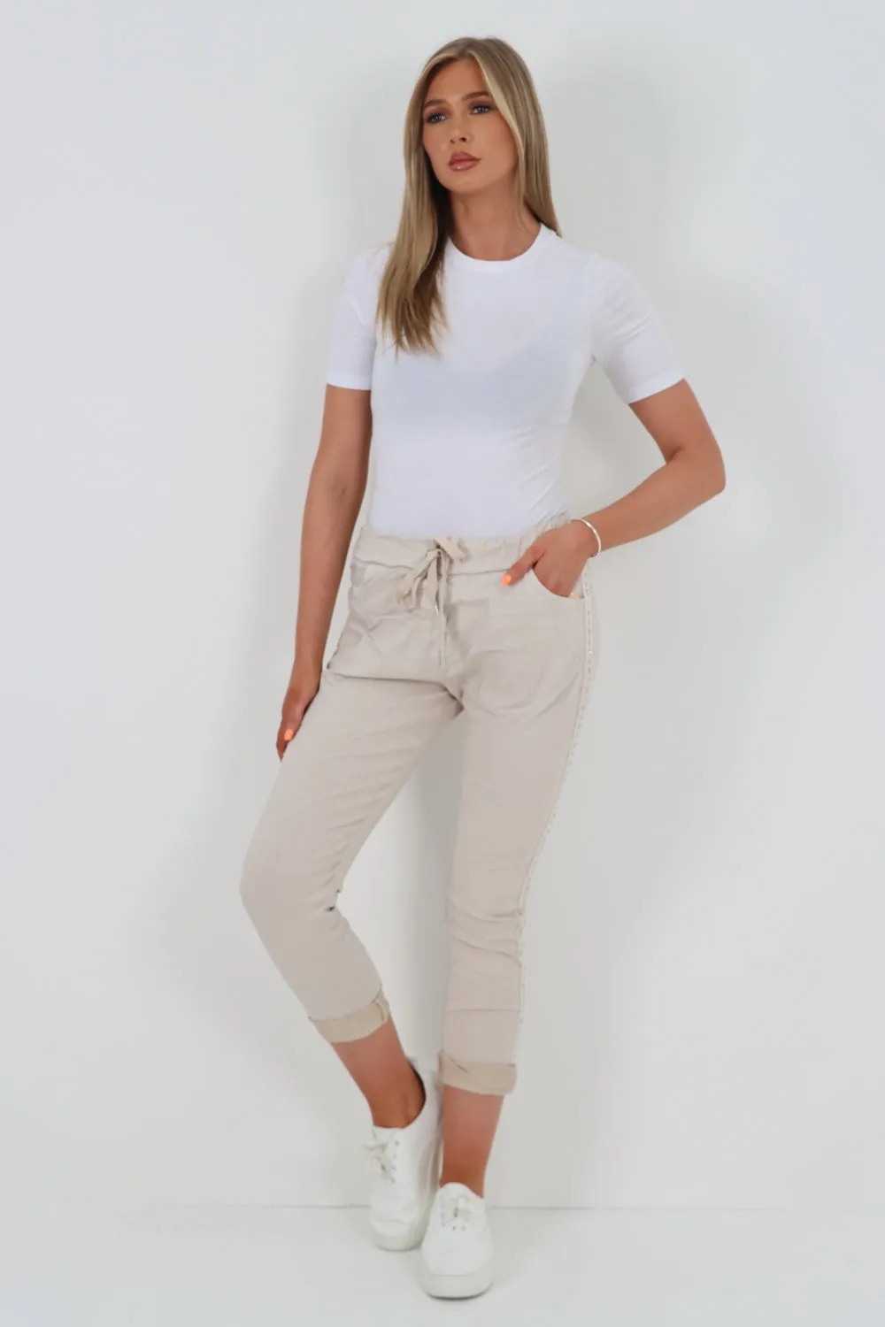 Italian Side Diamante Stud Detail Trousers