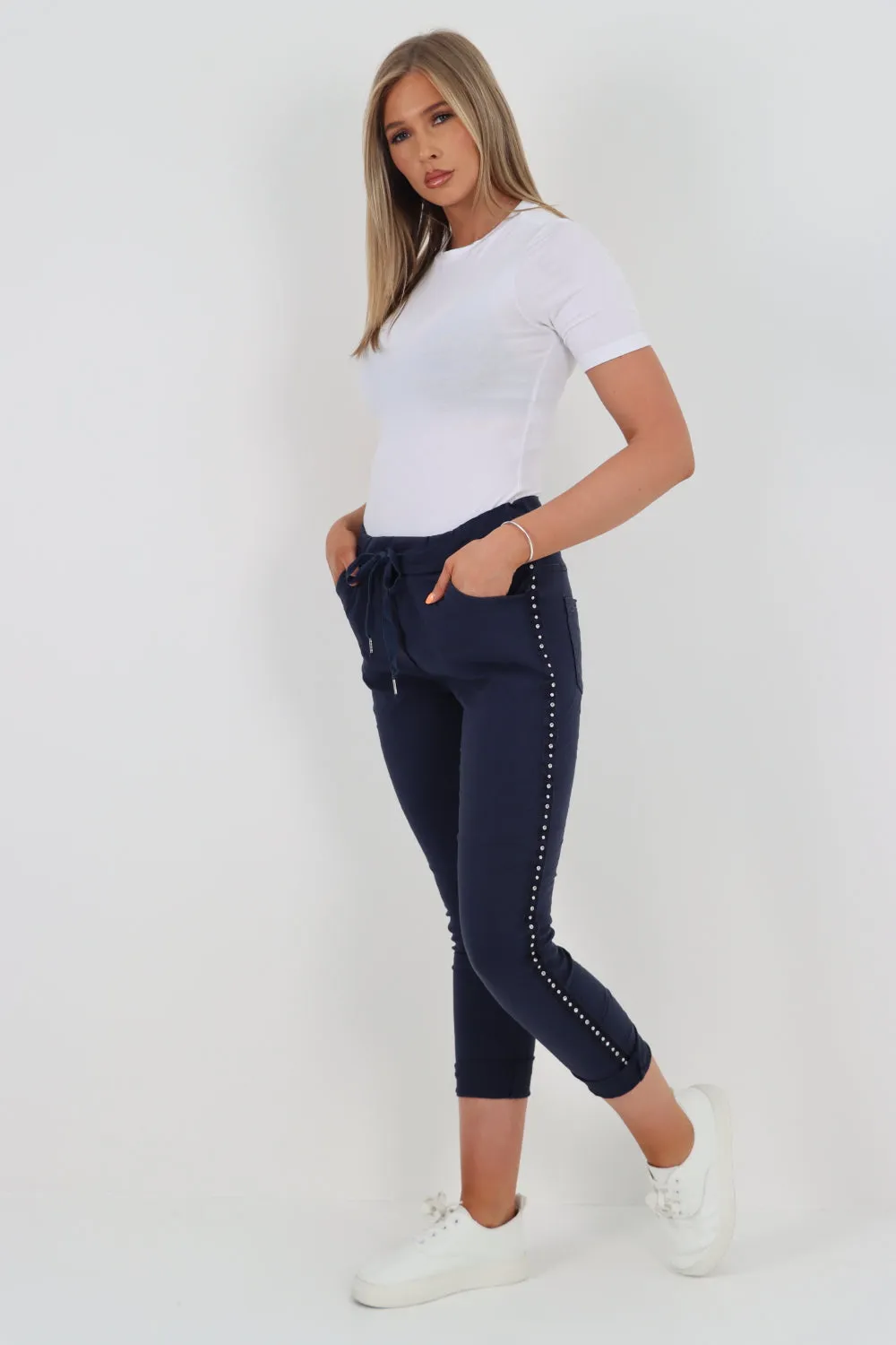 Italian Side Diamante Stud Detail Trousers