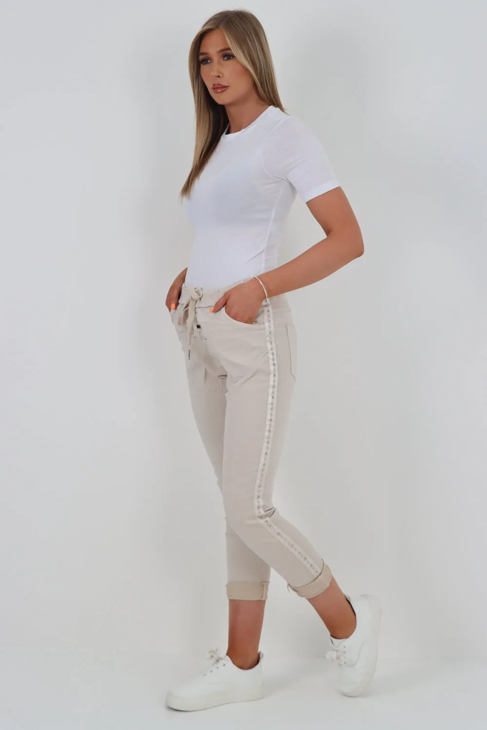 Italian Side Diamante Stud Detail Trousers