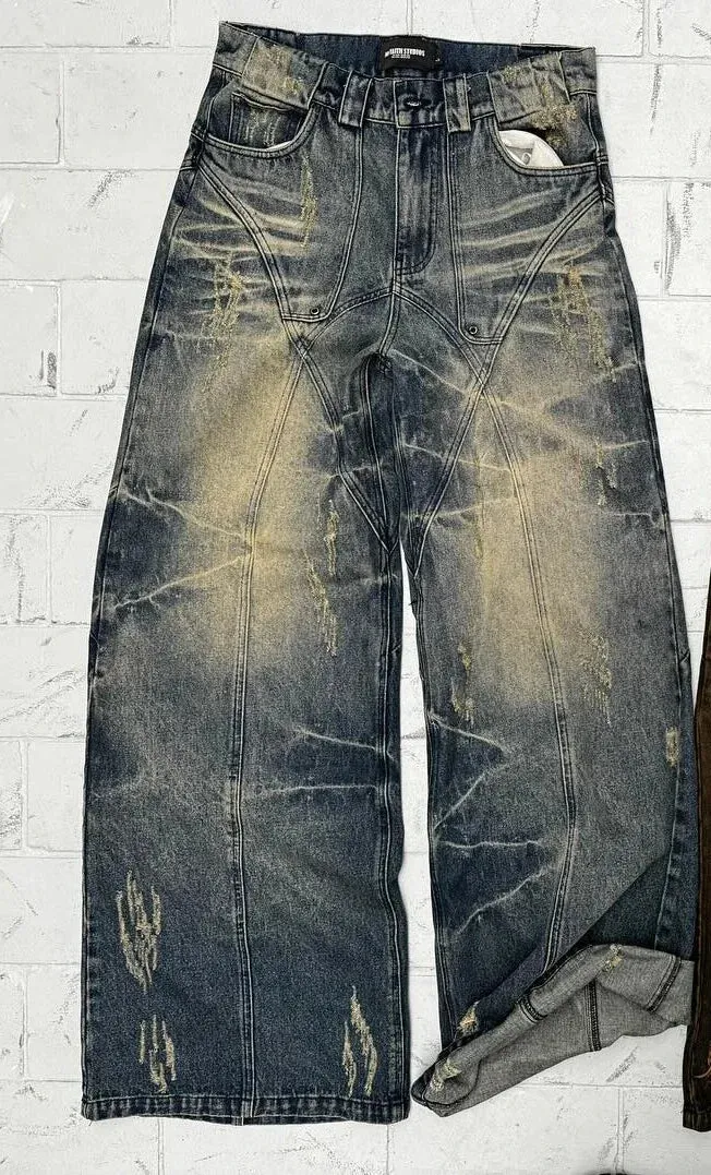 Jinquedai 90s Streetwear Streetwear Y2K Retro Ripped Jeans Men Women Washed Distressed Wide Leg Oversized Jeans Punk Hip Hop Fashion Trousers Baggy Pants