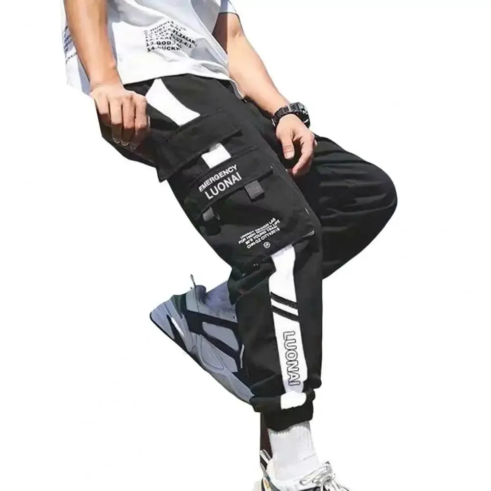 Joggers Cargo Pants Contrast Color Ankle Tied Loose Techwear Sweatpants Male Elastic Waist Fashion Punk Pockets Jogger Trousers