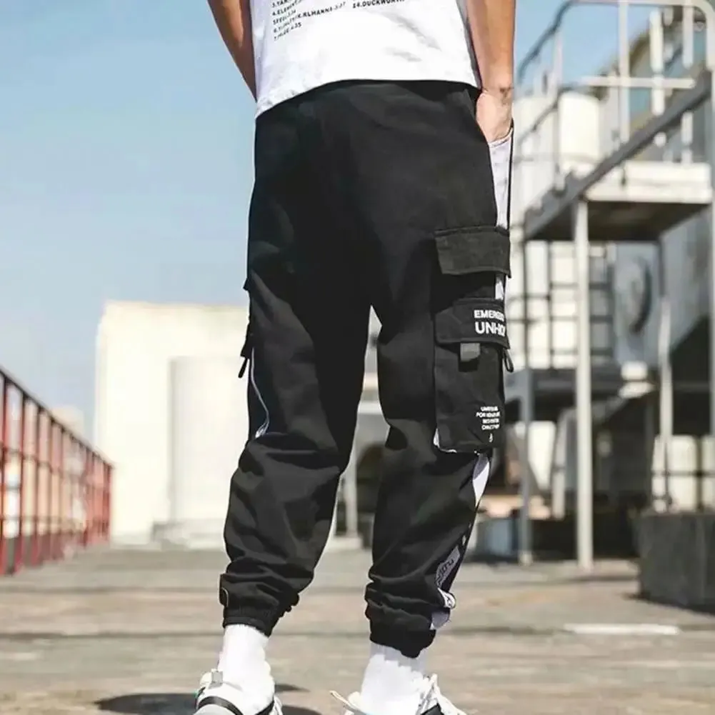 Joggers Cargo Pants Contrast Color Ankle Tied Loose Techwear Sweatpants Male Elastic Waist Fashion Punk Pockets Jogger Trousers