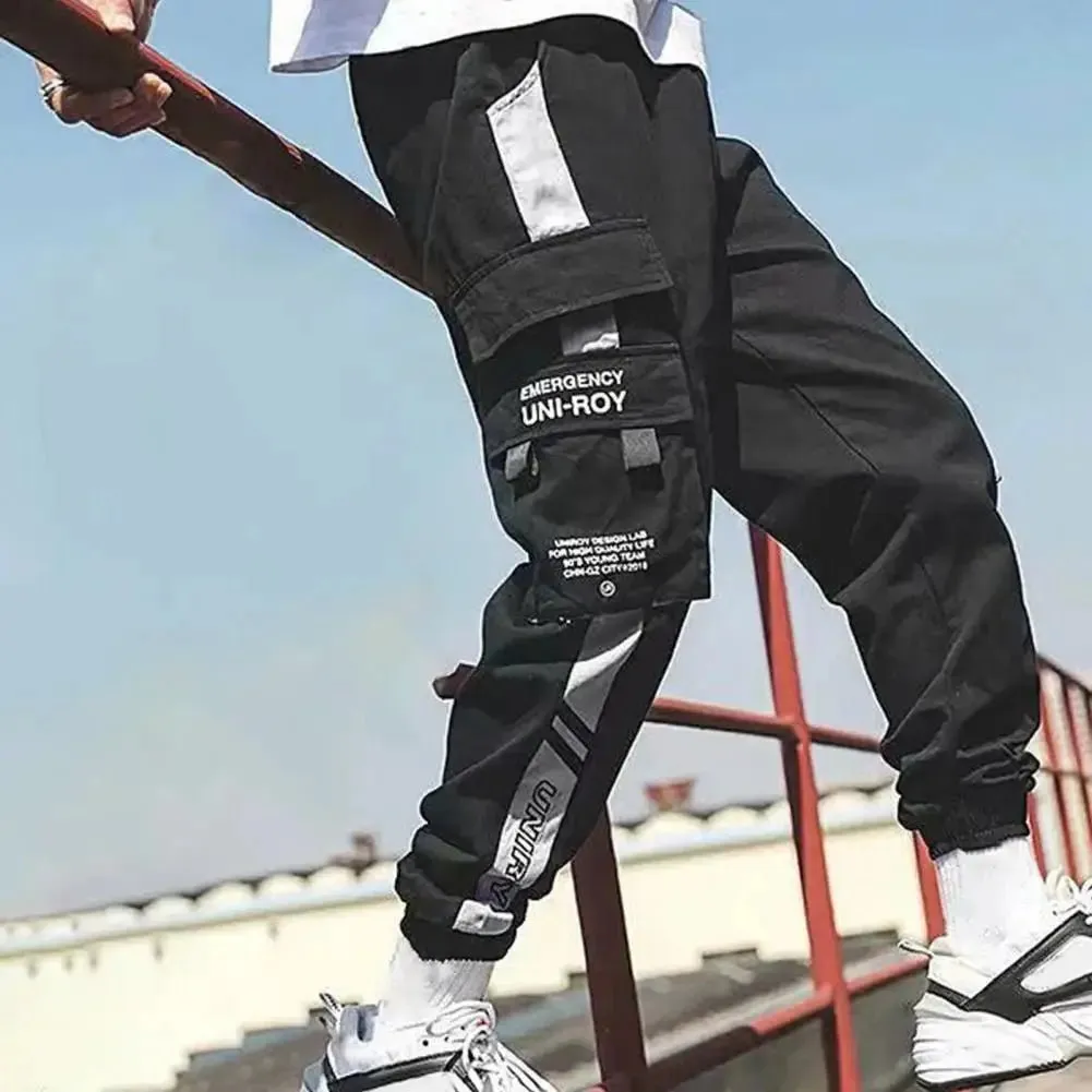 Joggers Cargo Pants Contrast Color Ankle Tied Loose Techwear Sweatpants Male Elastic Waist Fashion Punk Pockets Jogger Trousers