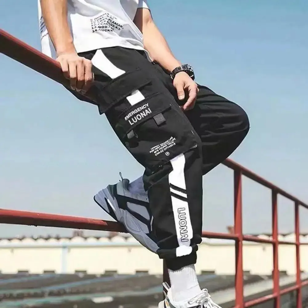 Joggers Cargo Pants Contrast Color Ankle Tied Loose Techwear Sweatpants Male Elastic Waist Fashion Punk Pockets Jogger Trousers