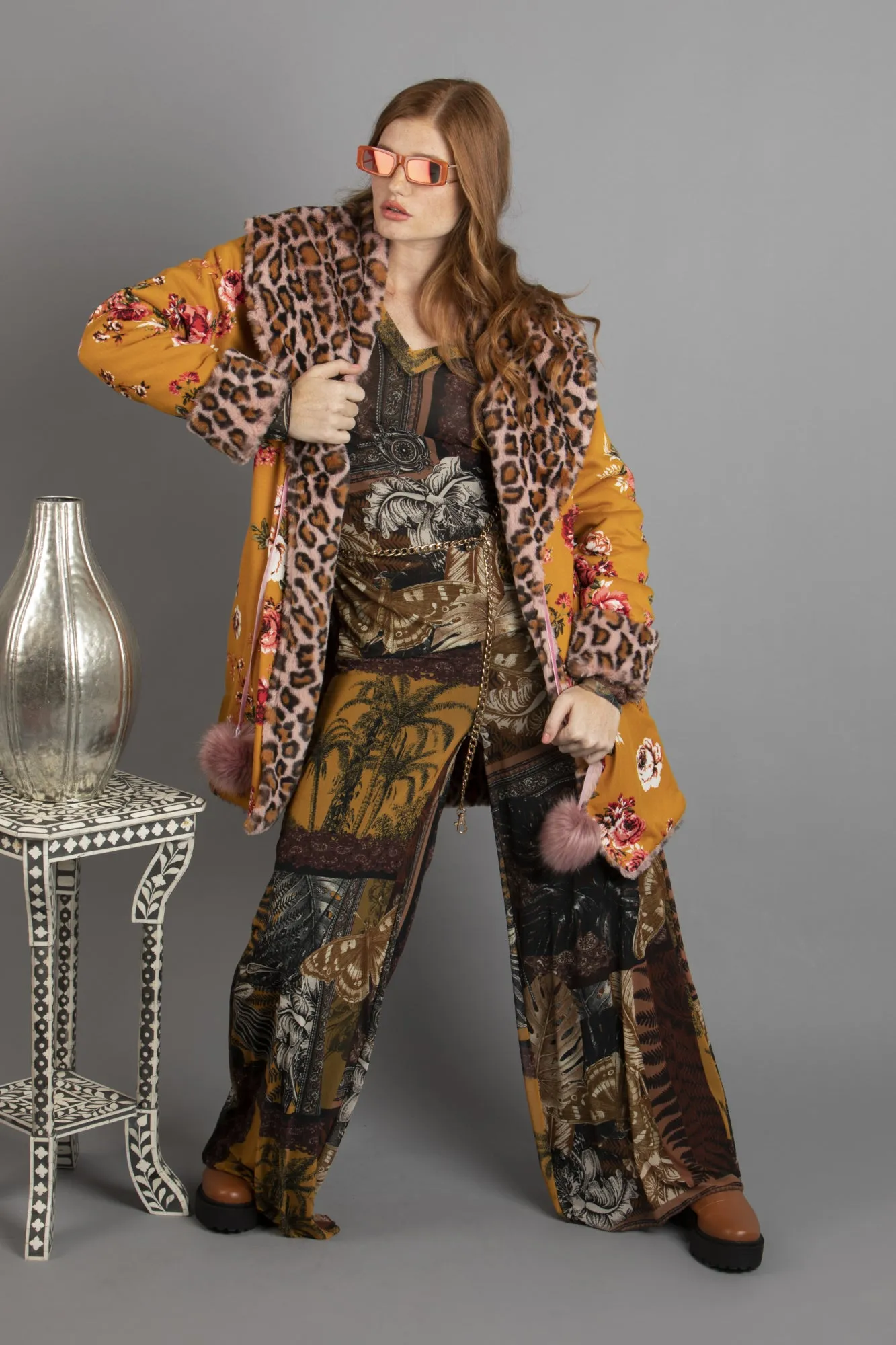 Knit and Fur Reversible Coat w/Pom Poms