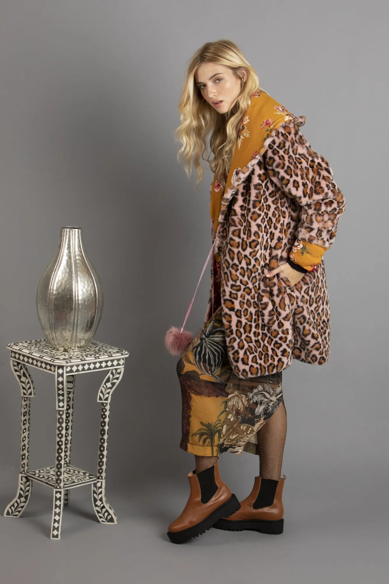 Knit and Fur Reversible Coat w/Pom Poms