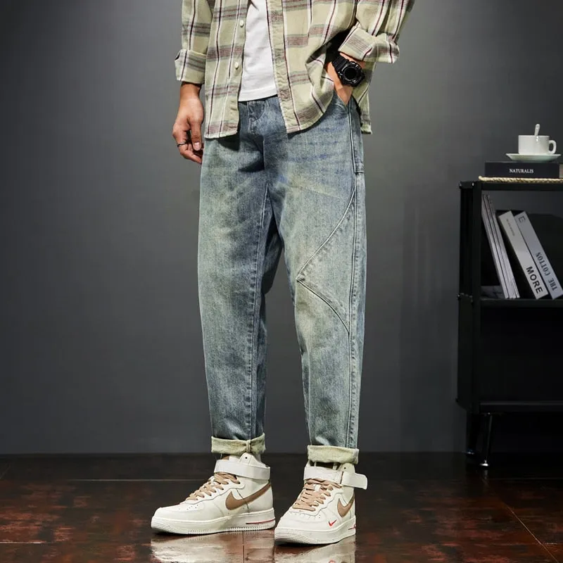 KSTUN Jeans Men Loose Fit Retro Blue  Autumn Wide Leg Pants Denim Trousers Korean Style Fashion Side Pocket Male Baggy Pants