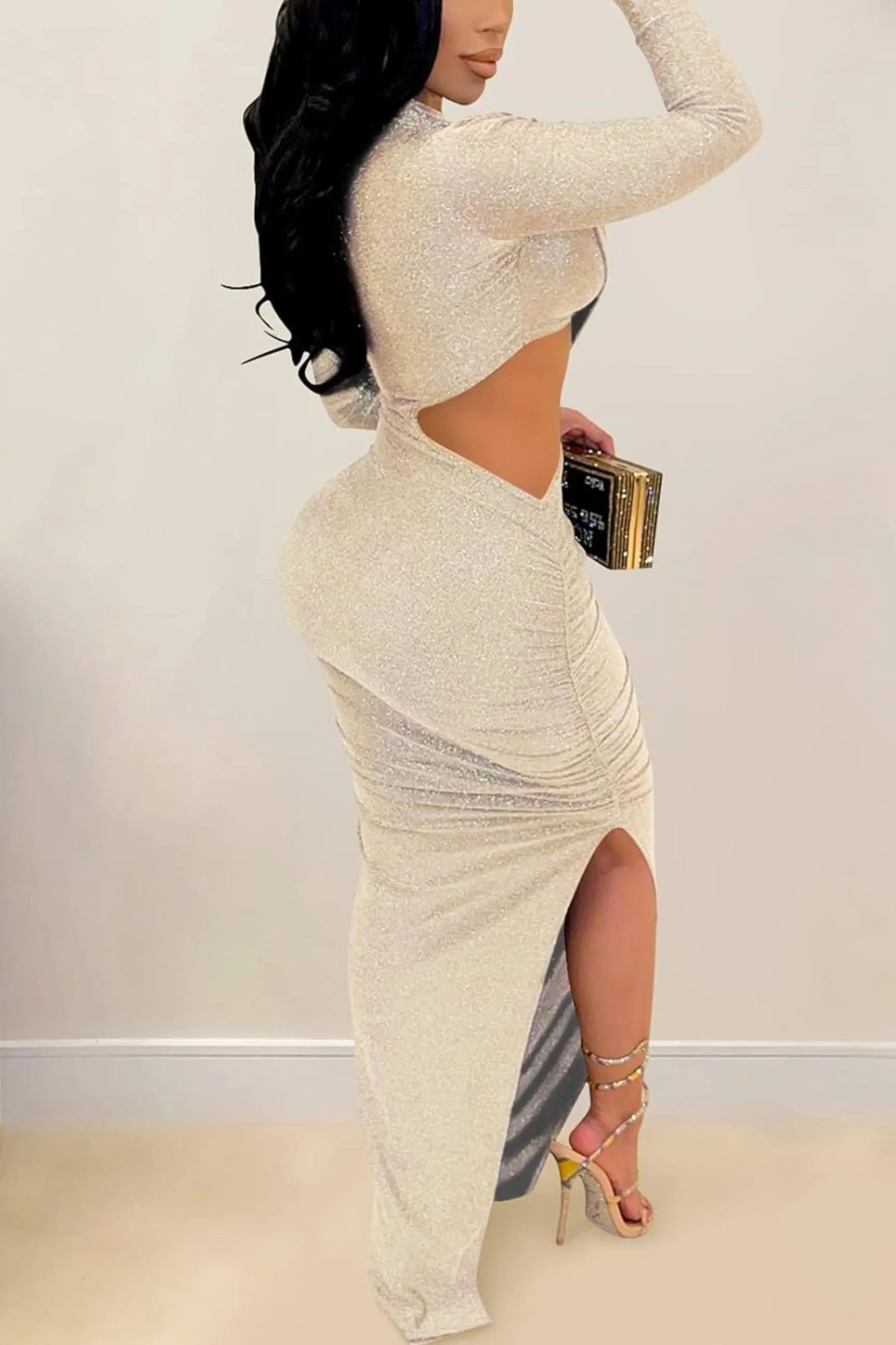 Lainey Sparkly Hollow Out Cut Out Ruched Bodycon High Split Maxi Dress