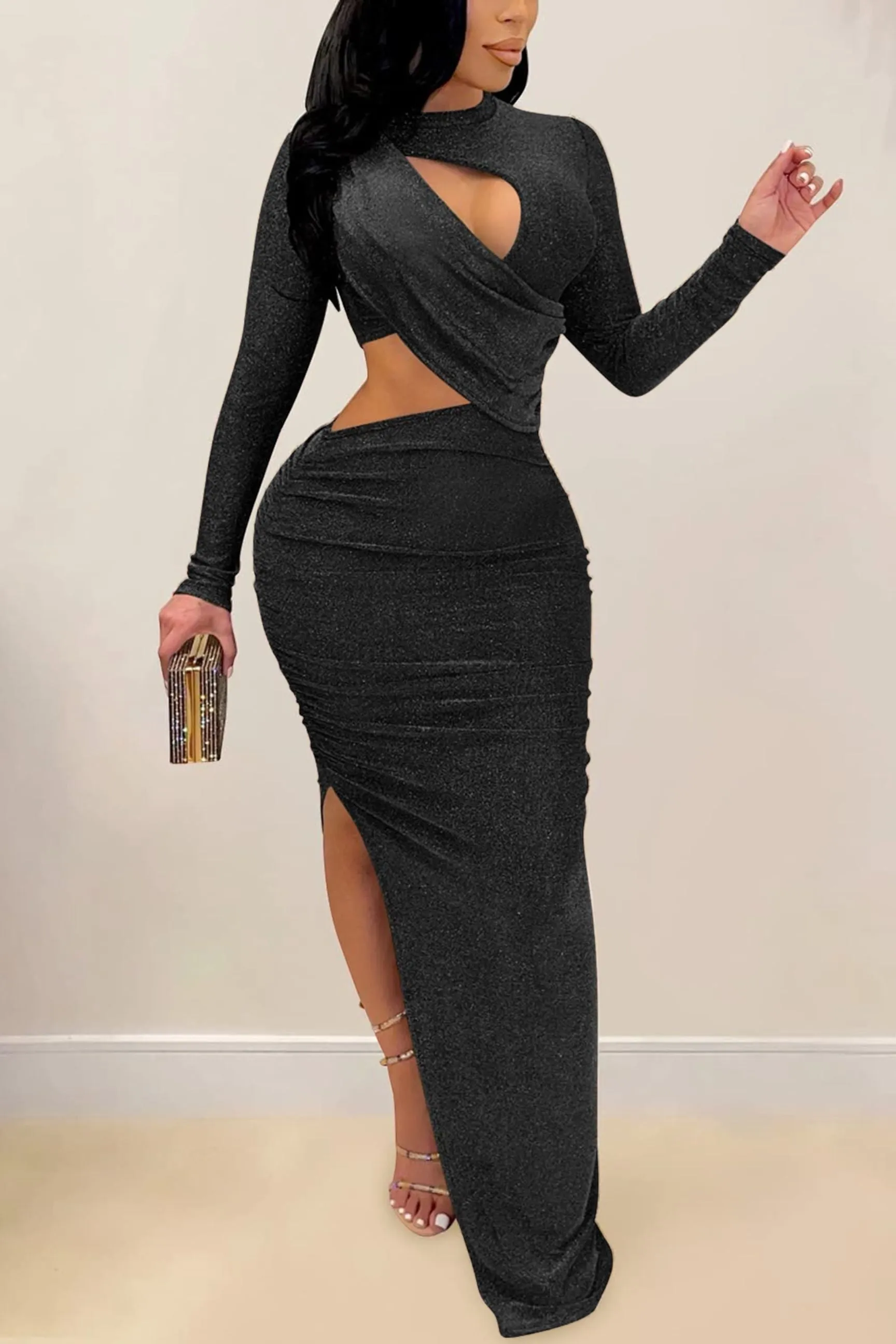 Lainey Sparkly Hollow Out Cut Out Ruched Bodycon High Split Maxi Dress