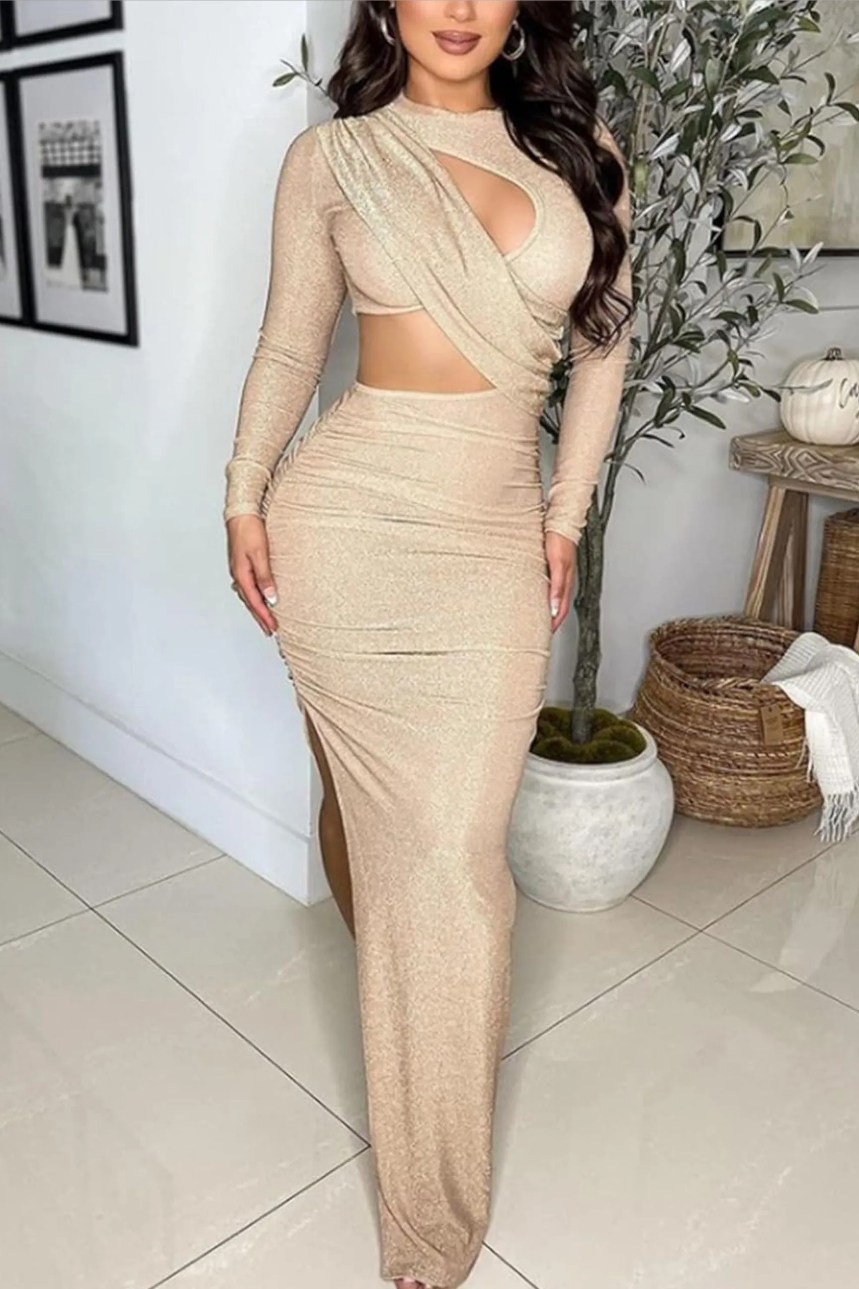 Lainey Sparkly Hollow Out Cut Out Ruched Bodycon High Split Maxi Dress
