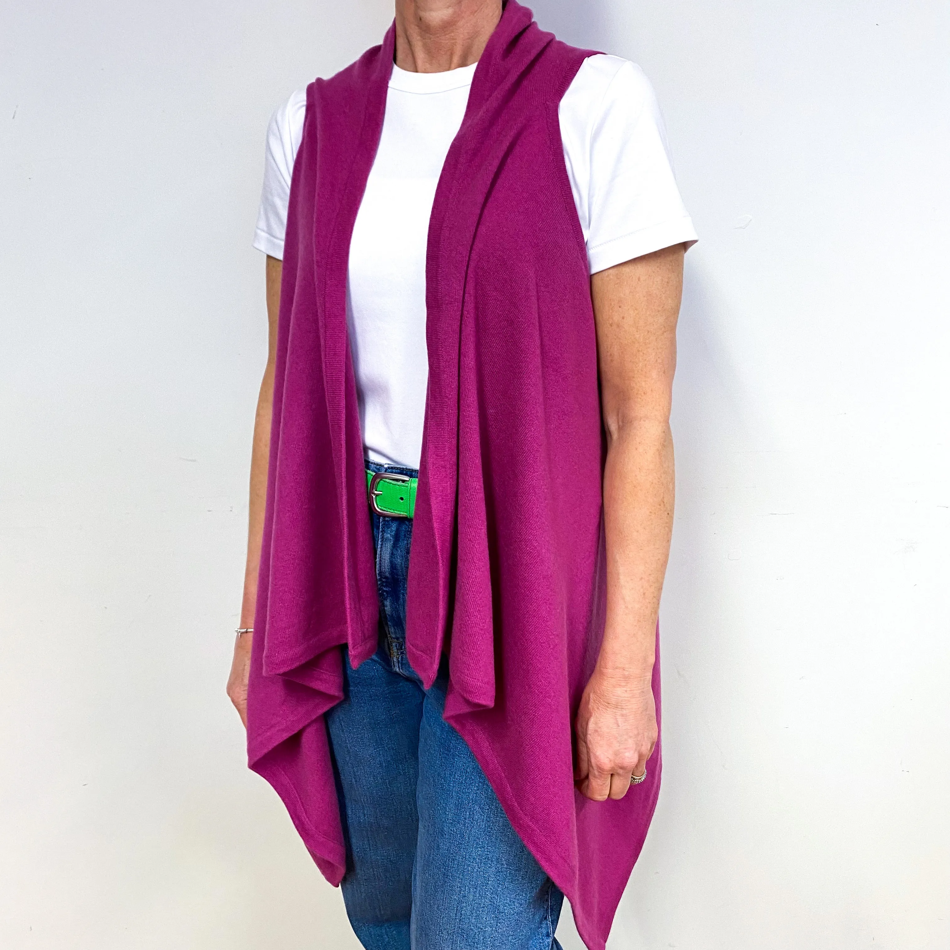 Magenta Pink Cashmere Sleeveless Waterfall Cardigan Medium