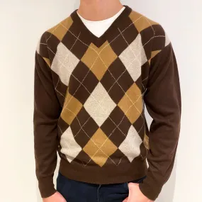 Men's Brown Diamond Cashmere V-Neck Jumper Extra Large