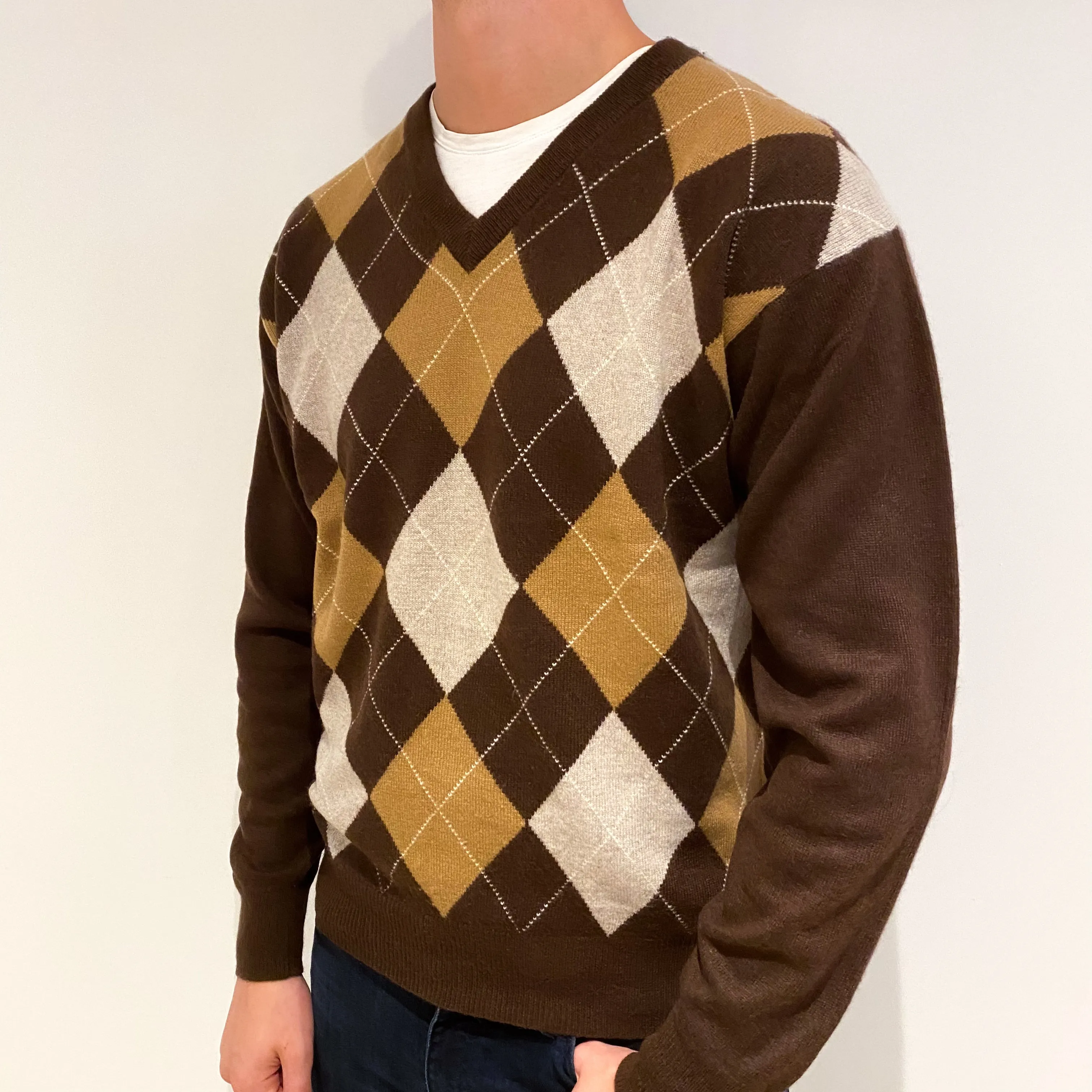 Men's Brown Diamond Cashmere V-Neck Jumper Extra Large