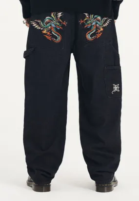 Mens Demon Drag Carpenter Denim Trousers Jeans - Black