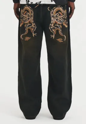 Mens Dragon Crawl Dirty Wash Denim Trousers Jeans - Brown