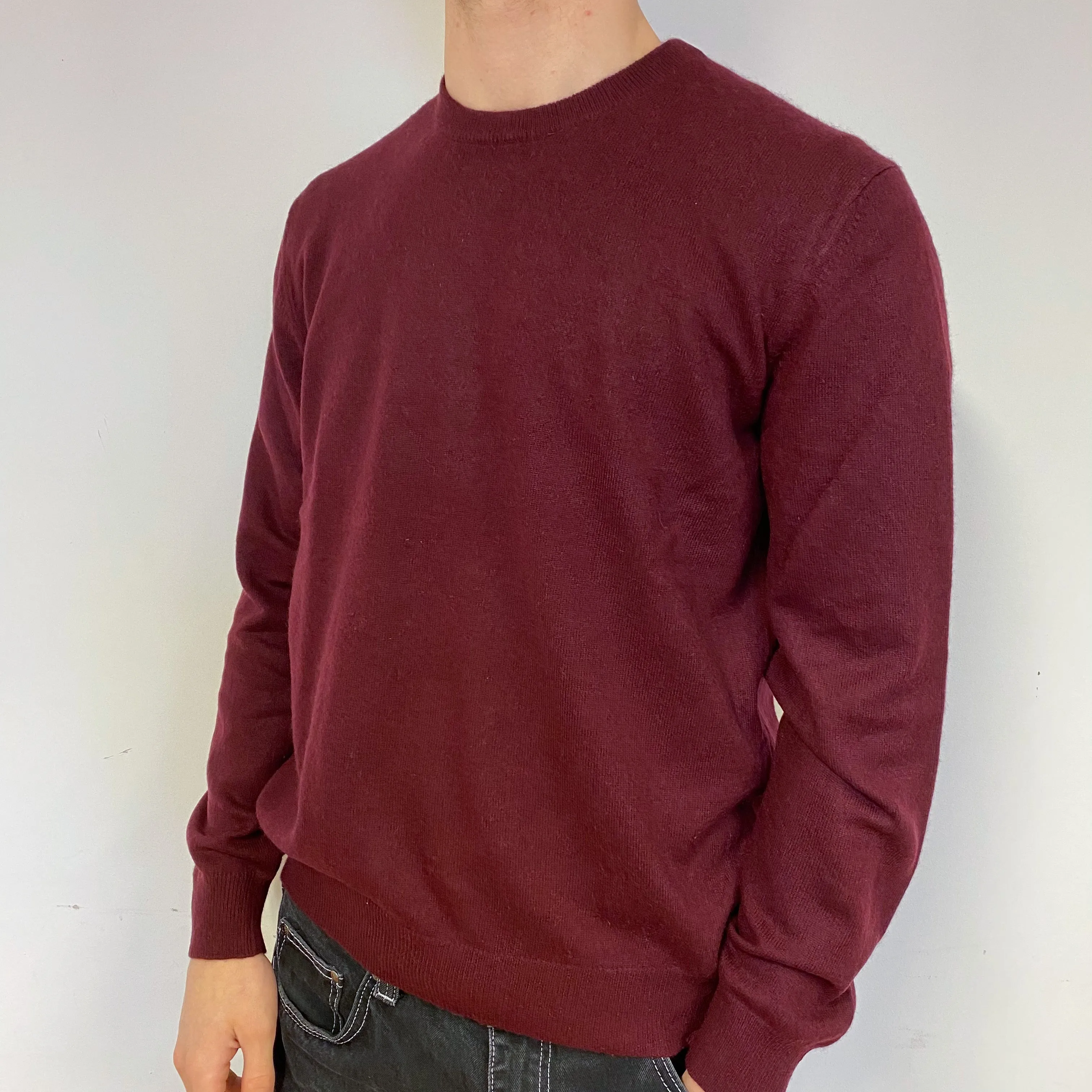 Men’s Maroon Red Cashmere Crew Neck Jumper Medium