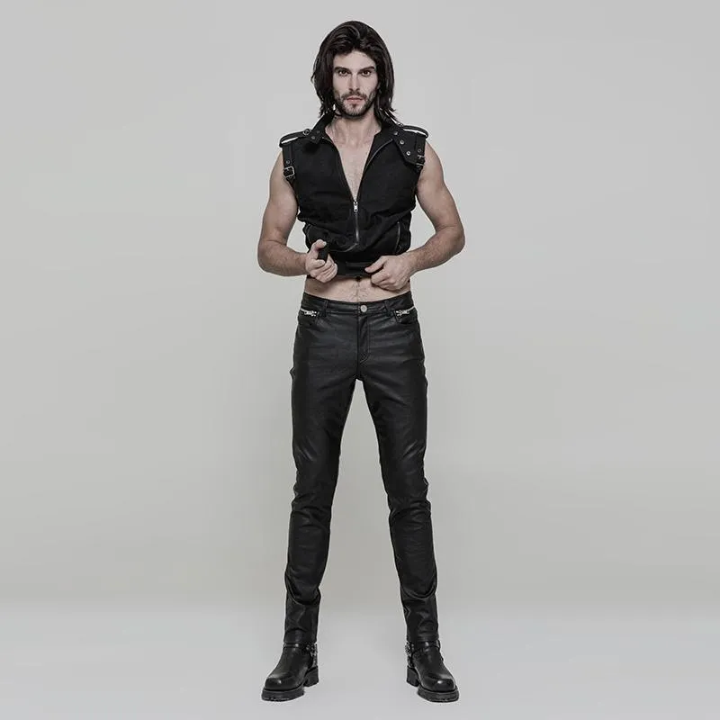 Men's Punk Ruched Faux Leather Skinny Trousers