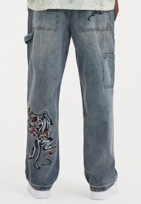 Mens Snake & Panther Carpenter Denim Trousers Jeans - Blue