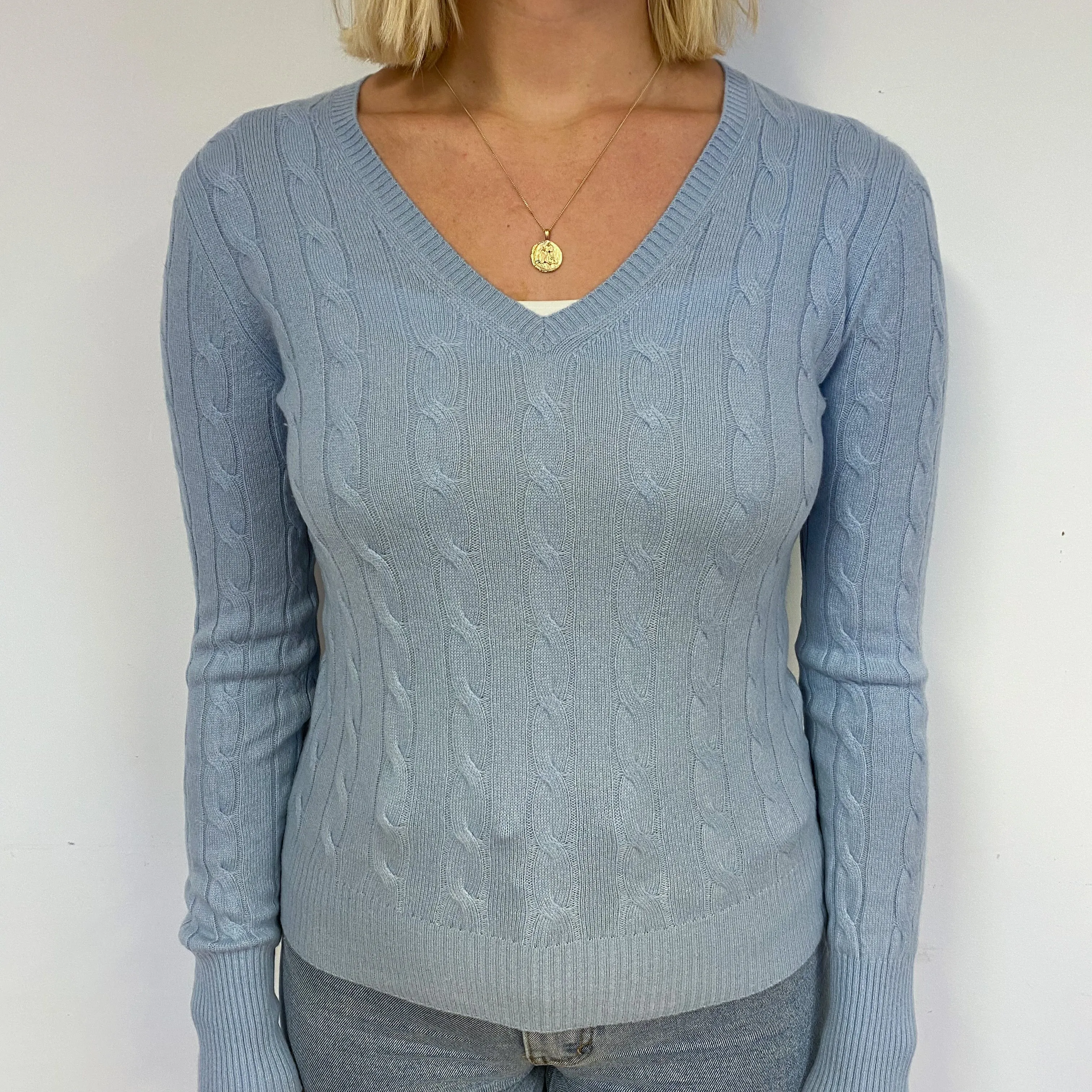 Opal Blue Cable Cashmere V-Neck Jumper Small