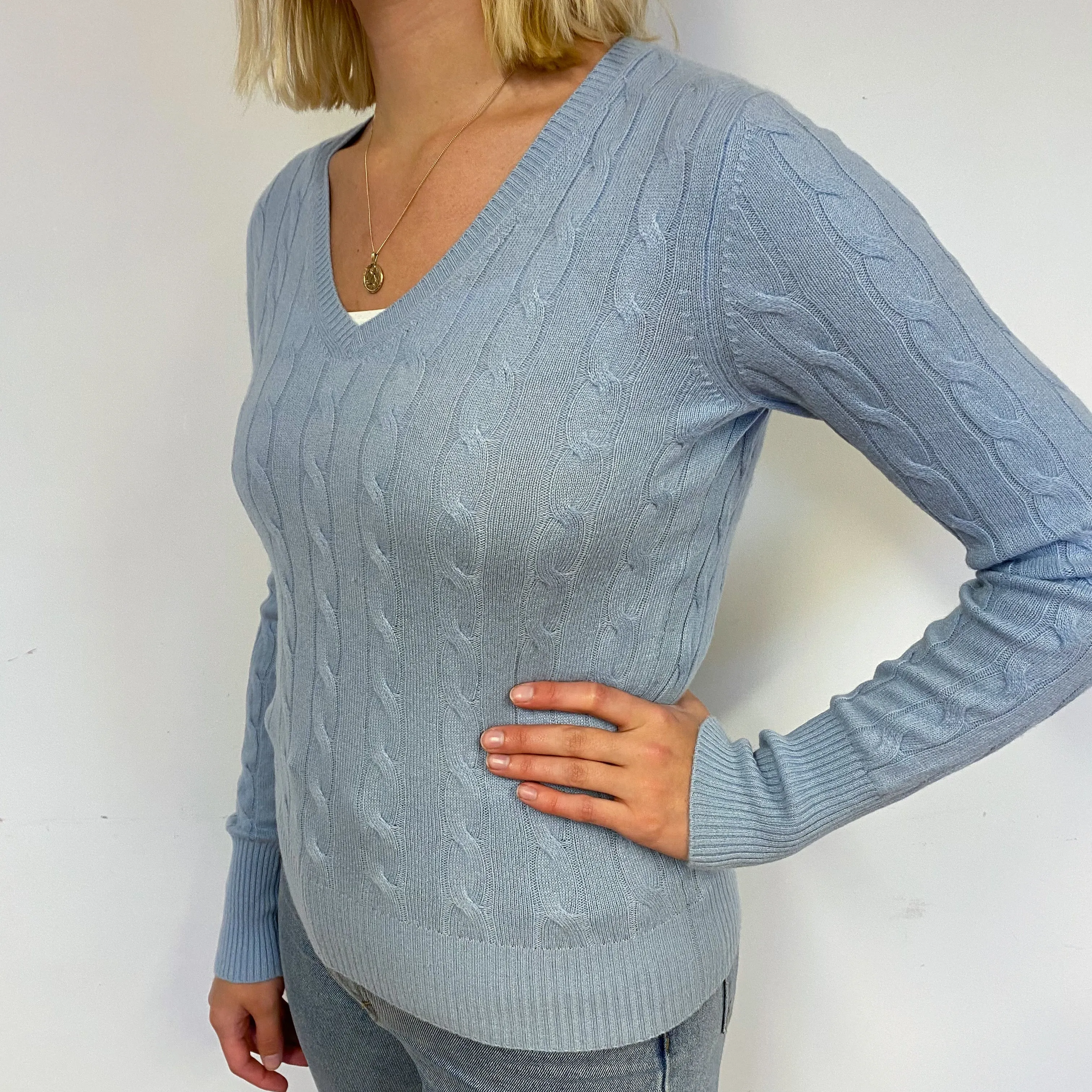 Opal Blue Cable Cashmere V-Neck Jumper Small