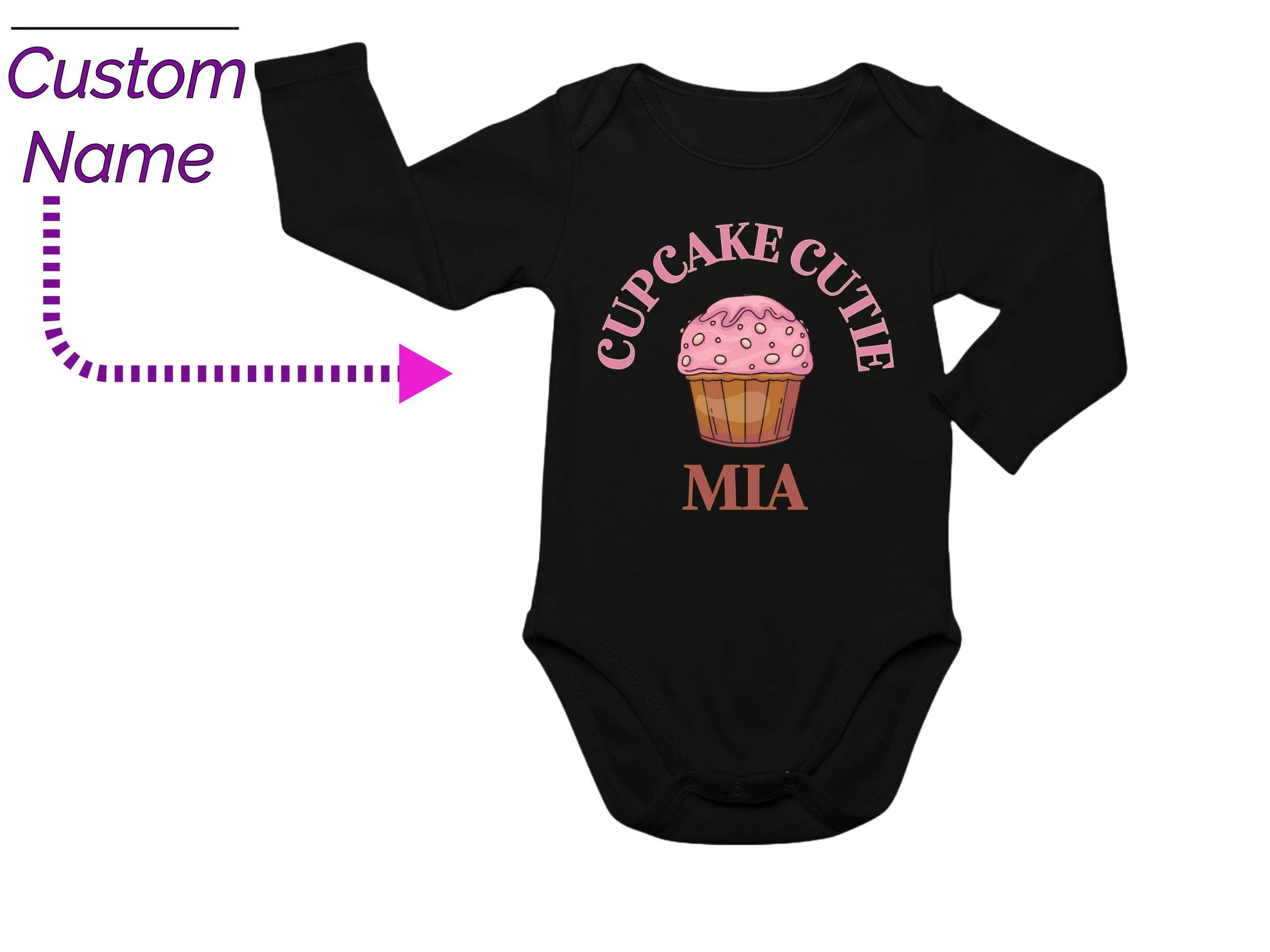 Personalized Name Cupcake Cute Birthday Bodysuit Gift for Baby Girls