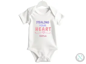 Personalized Name Short Sleeve Baby Grow for Baby Girls, "Stealing Your Heart" Bodysuit with Custom Name - Perfect Birthday & Christmas Gift