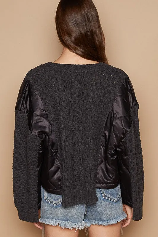 POL Black Twist Knit Quilting Patch V-Neck Sweater