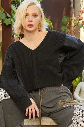 POL Black Twist Knit Quilting Patch V-Neck Sweater