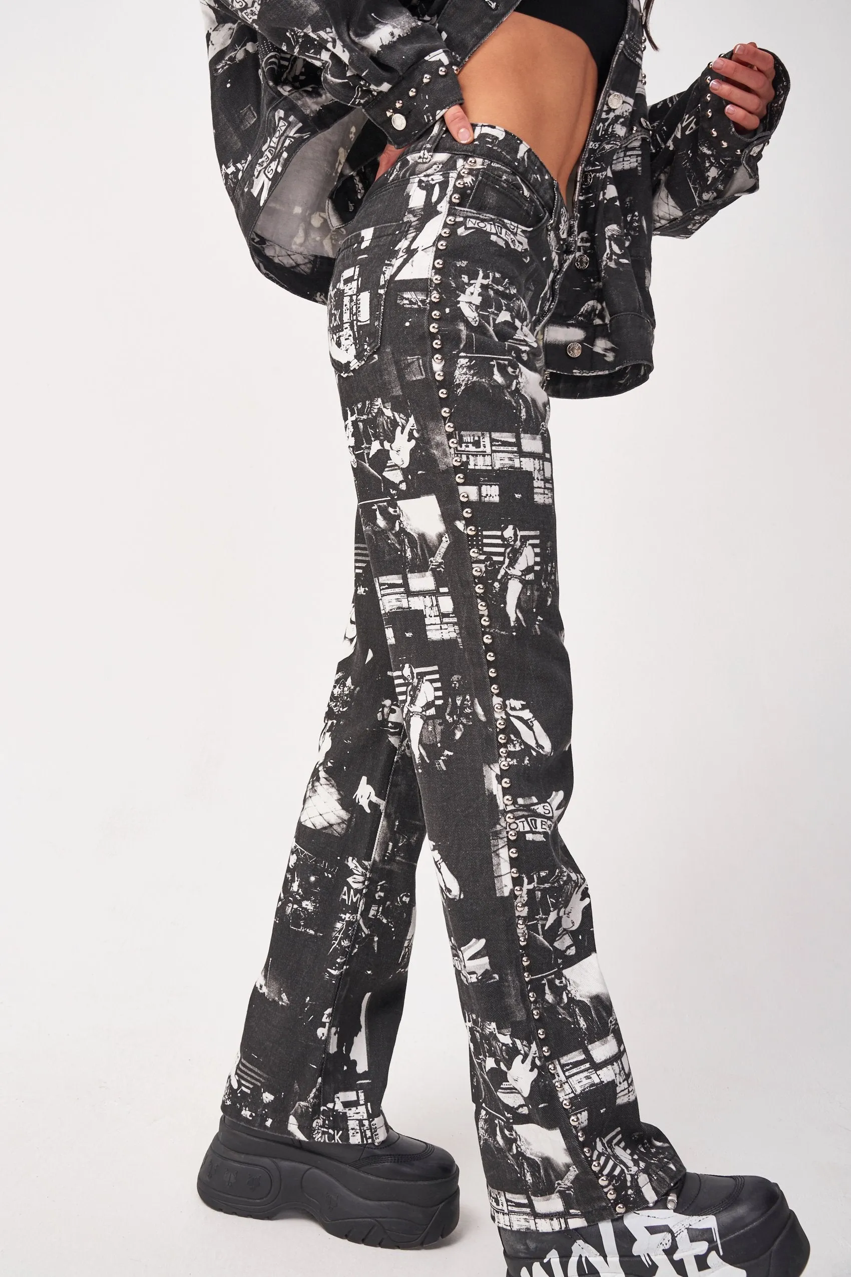 Punk Rock Photograph Print Studded Slouchy Jeans