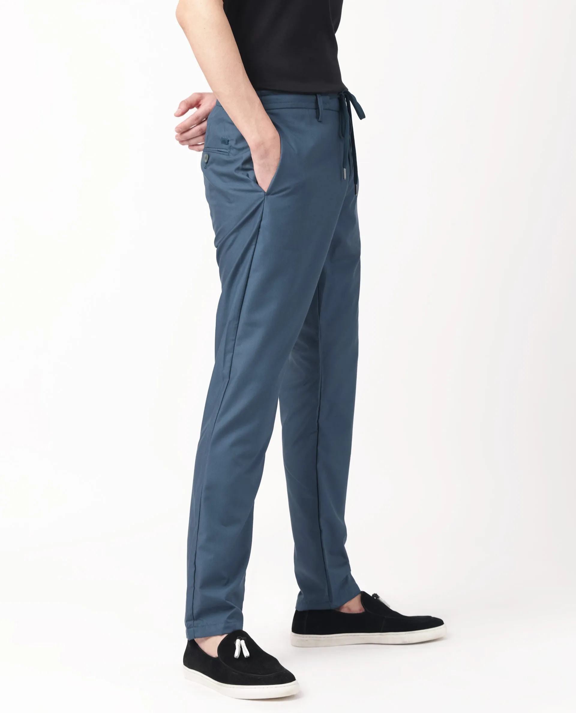 Rare Rabbit Men's Aux Petrol Solid Mid-Rise With Drawstring And Elastic Waistband Regular Fit Trouser