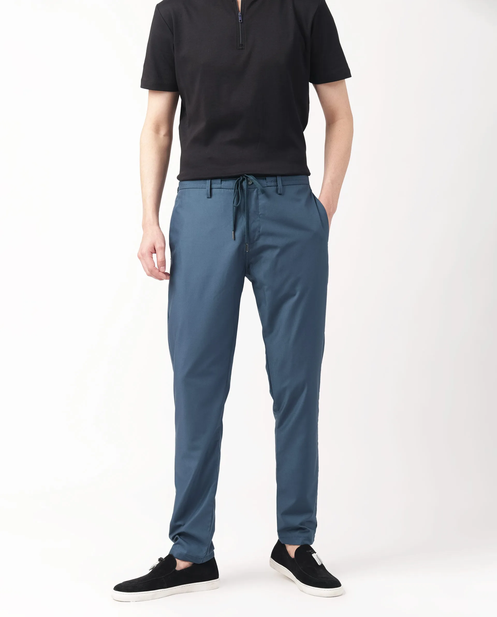 Rare Rabbit Men's Aux Petrol Solid Mid-Rise With Drawstring And Elastic Waistband Regular Fit Trouser