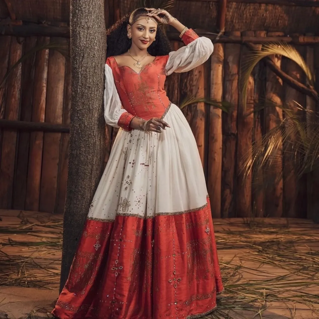 Regal Red Modern Habesha Dress: Corset Designed with Golden Detailing Ethiopian Traditional Dress Beautiful Habesha Kemis