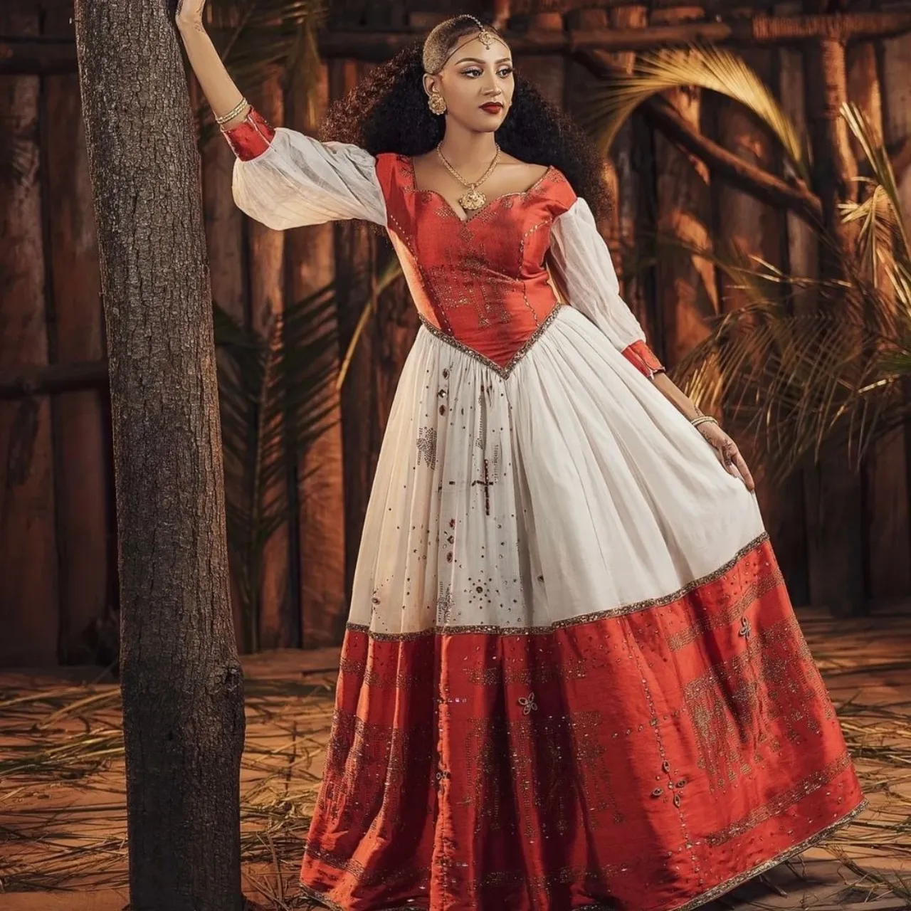 Regal Red Modern Habesha Dress: Corset Designed with Golden Detailing Ethiopian Traditional Dress Beautiful Habesha Kemis