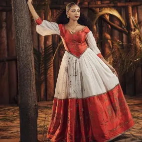 Regal Red Modern Habesha Dress: Corset Designed with Golden Detailing Ethiopian Traditional Dress Beautiful Habesha Kemis