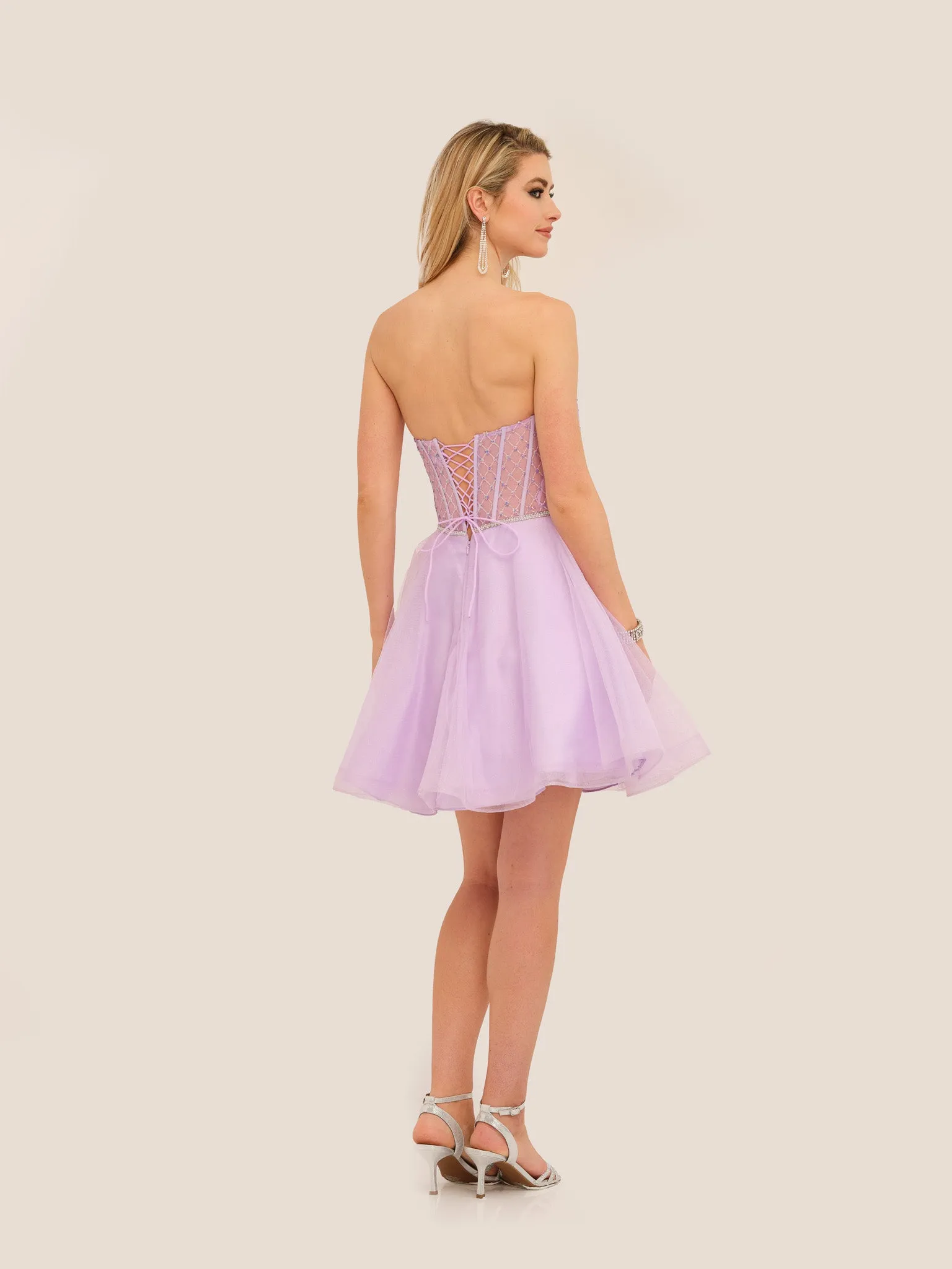 SEQUINED SWEETHEART MESH CORAL CORSET DRESS