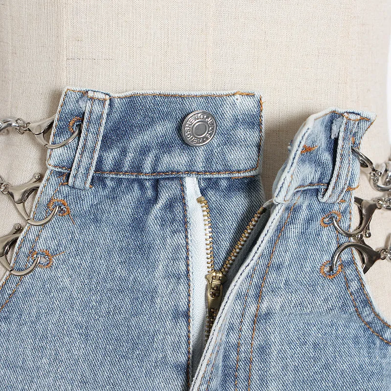 Sexy Patchwork Chain Women Denim Shorts High Waist Hollow Out Short Wide Leg Jeans