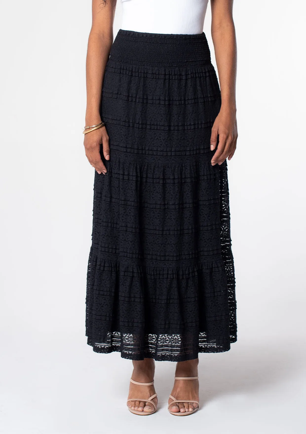 Smocked Tiered Lace Maxi Skirt