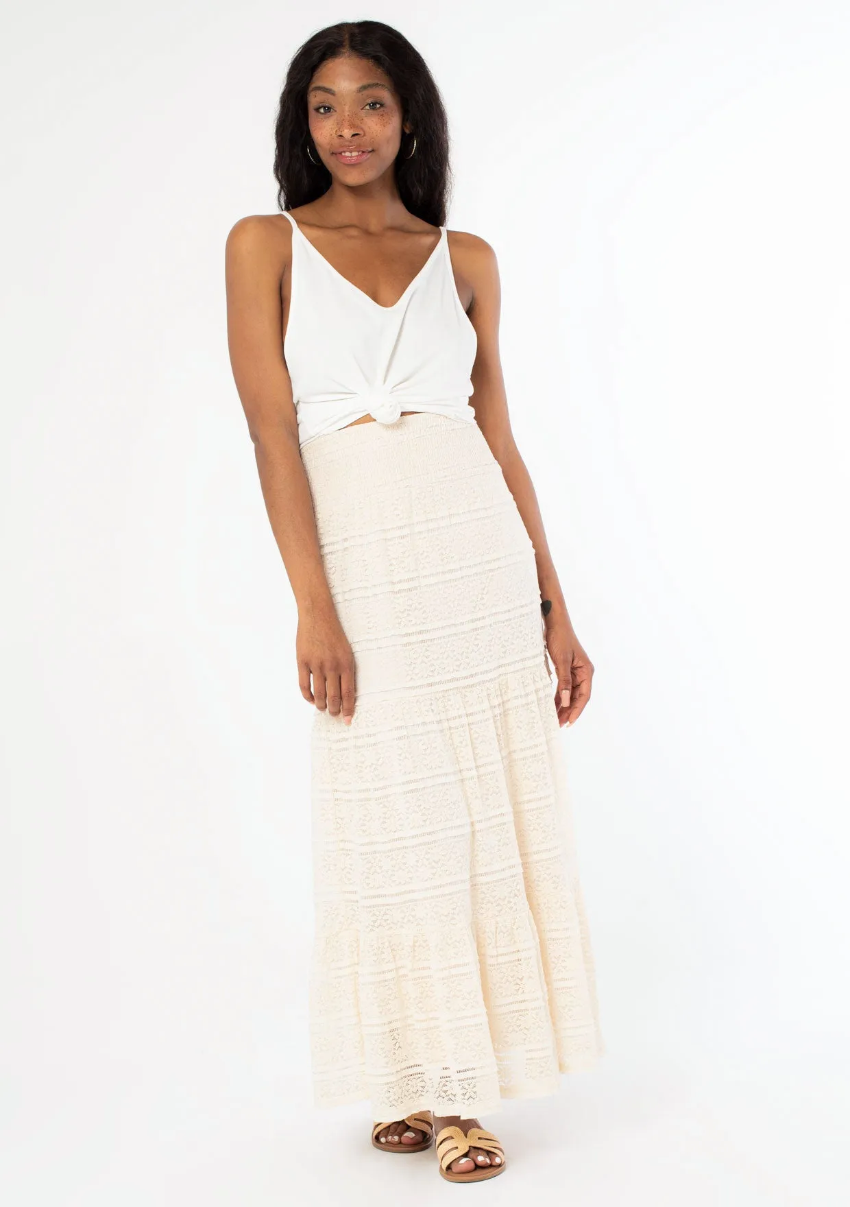 Smocked Tiered Lace Maxi Skirt