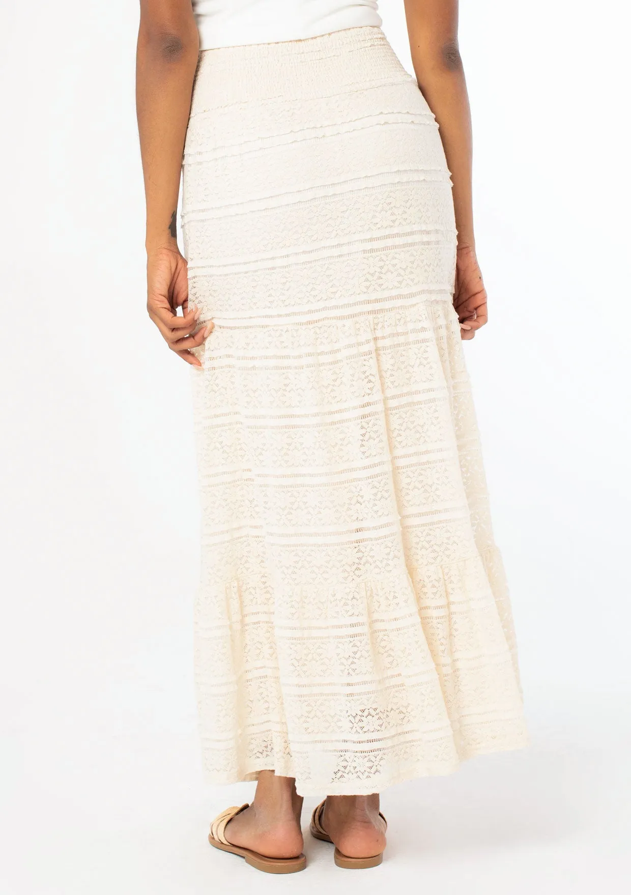 Smocked Tiered Lace Maxi Skirt